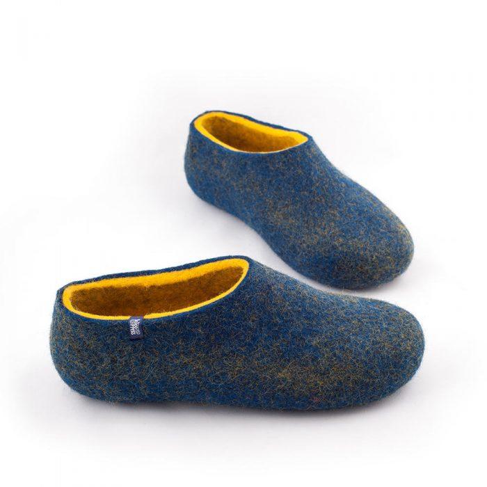 Blue yellow slippers for men by Wooppers felted slippers