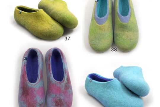 Four unique pairs of wooppers made in various colors of greens and blues made of self dyed wool.