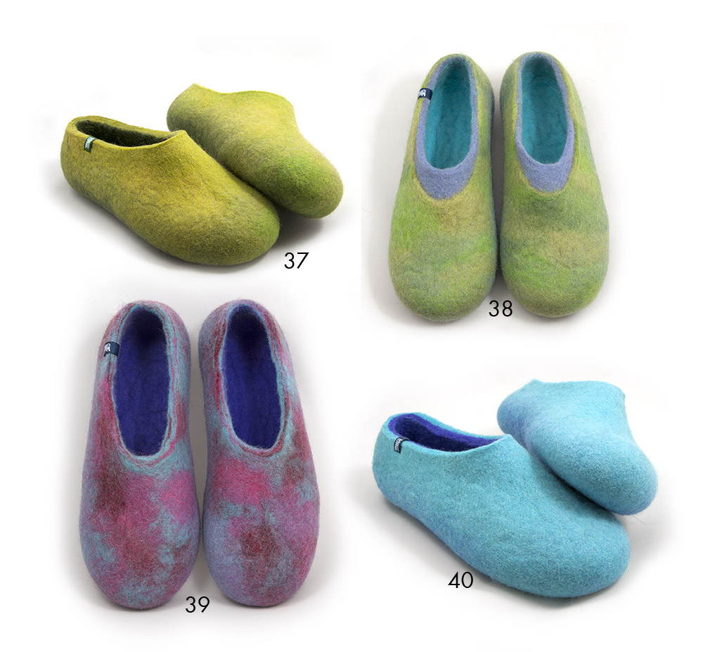 Four unique pairs of wooppers slippers made in various colors of greens and blues made of self dyed wool.